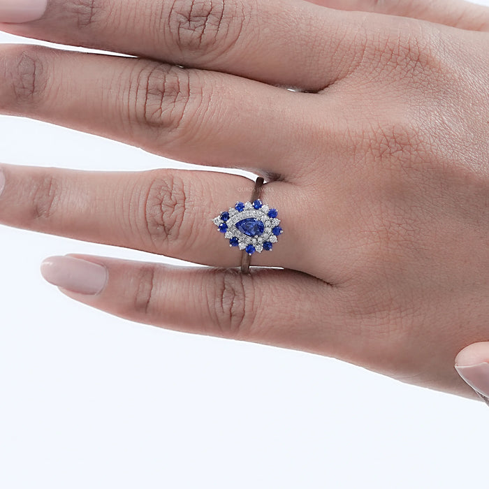 Sapphire Pear And Double Halo Engagement Ring