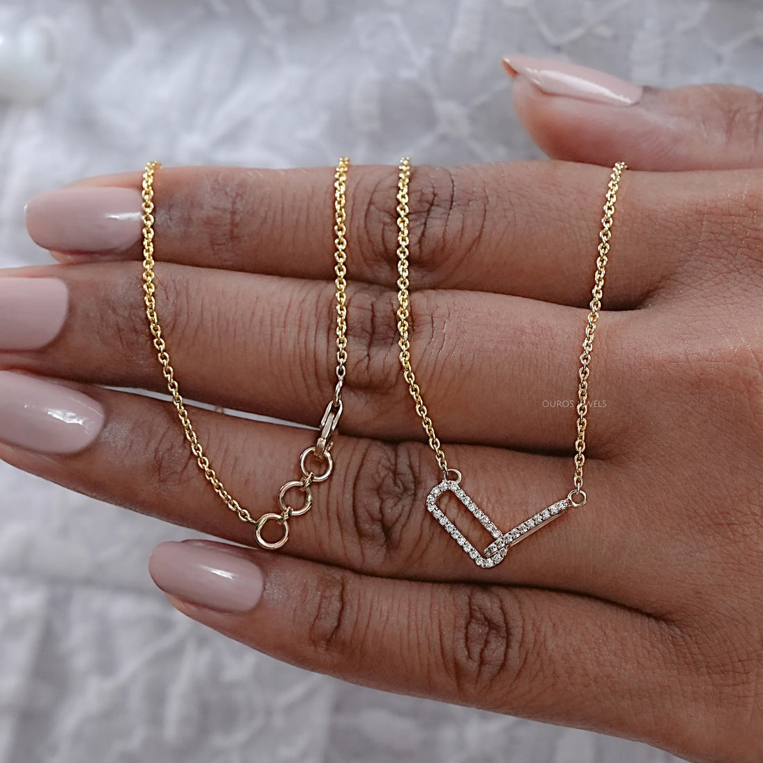 Open Rectangle Round Lab Diamond Interlinked Pendant Necklaces