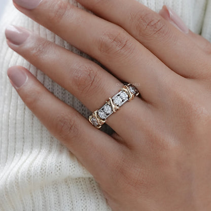 Two Tone Round Diamond Crossover Eternity Wedding Band Rings