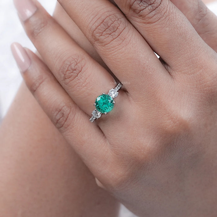 Green Round And Diamond Three Stone Accent Diamond Ring