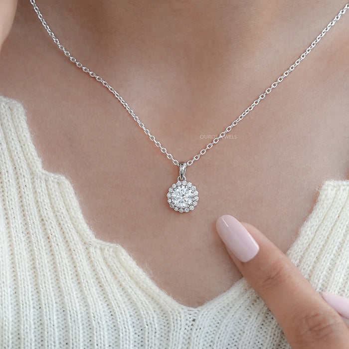 Round Lab Grown Diamond Halo Pendant Necklaces
