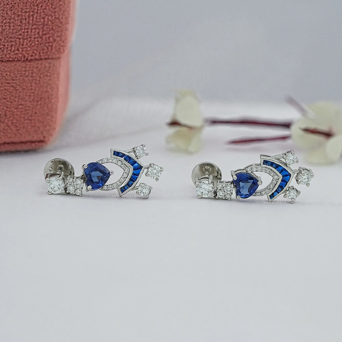 Sapphire Heart And Round Cut Cluster Drop Dangle Earrings Earrings