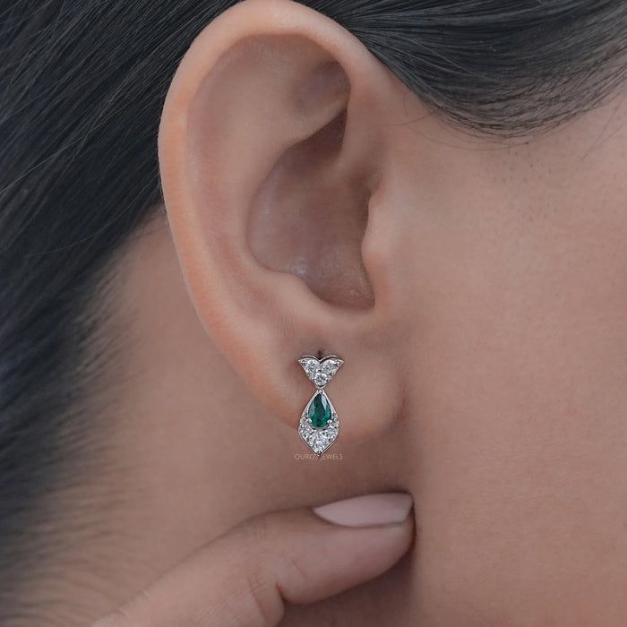 Green Pear And Round Diamond Drop Earrings