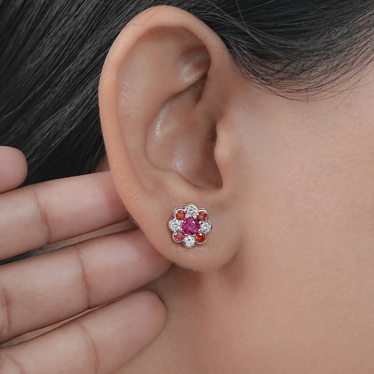 Ruby Round And Lab Diamond Bezel Set Floral Stud Earrings