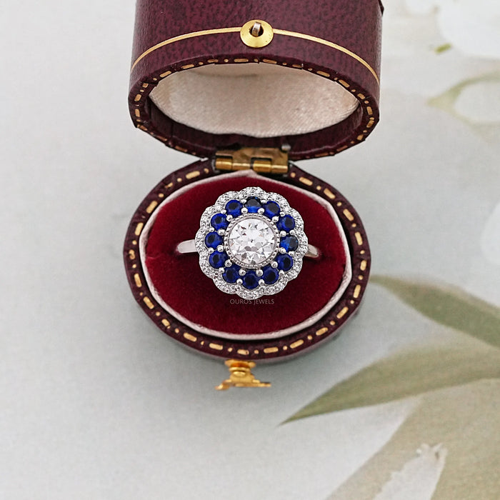 Old European Round Cut Sapphire Halo Engagement Ring Rings