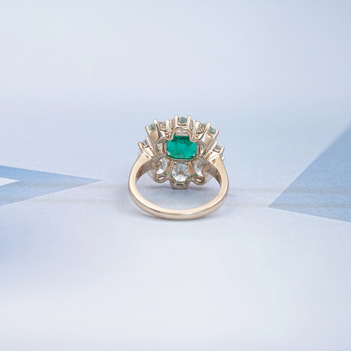 Emerald Square Cushion Round Halo Floral Engagement Ring