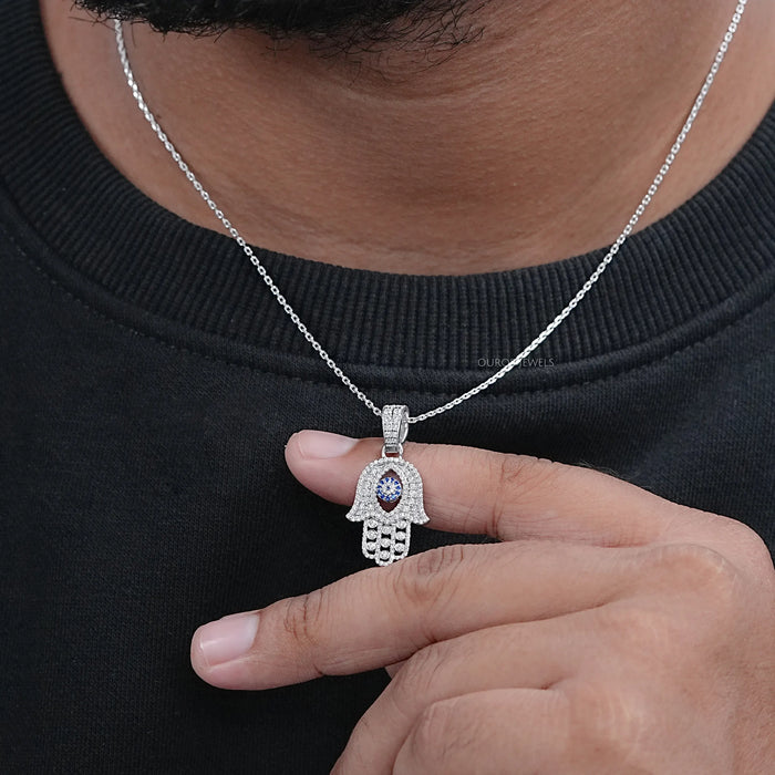 Sapphire And Lab Diamond Round Cut Hamsa Hand Men's Pendant Necklaces
