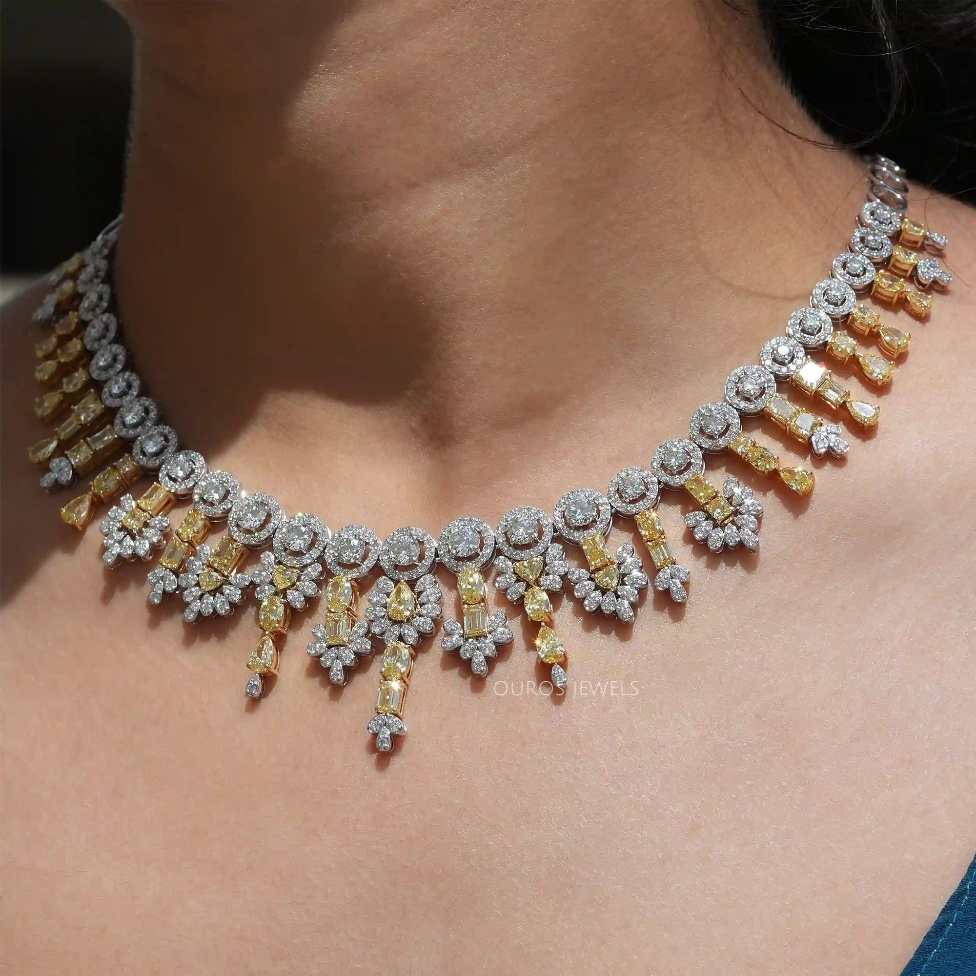 Yellow Multi Shape Lab Diamond Bridal Necklace Set Necklaces