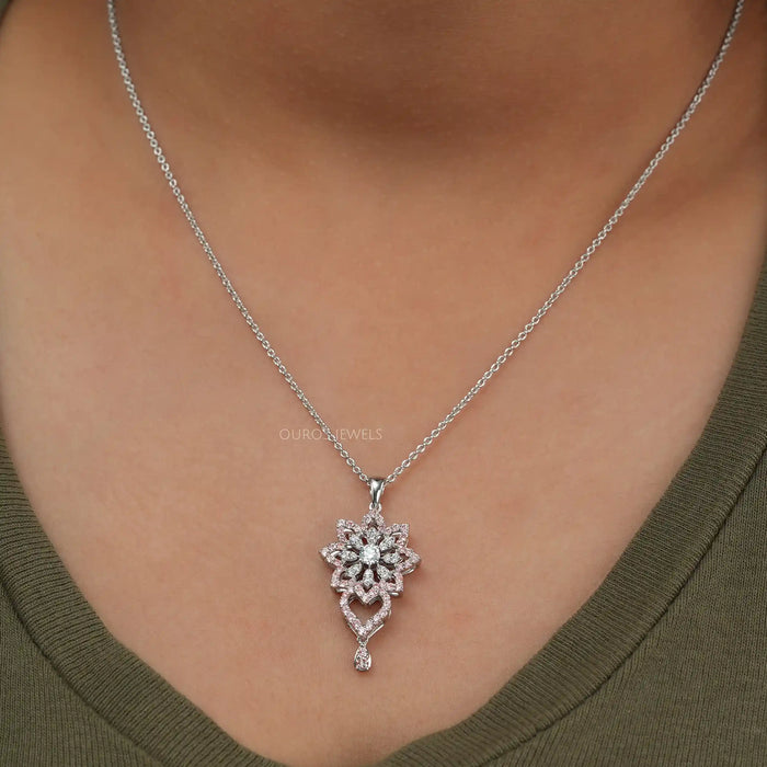 Round Cut Lab Grown Diamond Flower Pendant