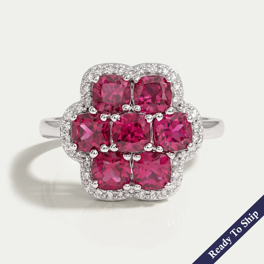 Ruby Cushion Gemstone Floral Halo Ring