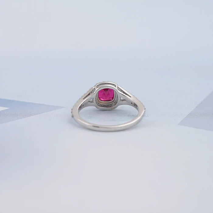 Ruby Cushion Gemstone Split Shank Halo Ring