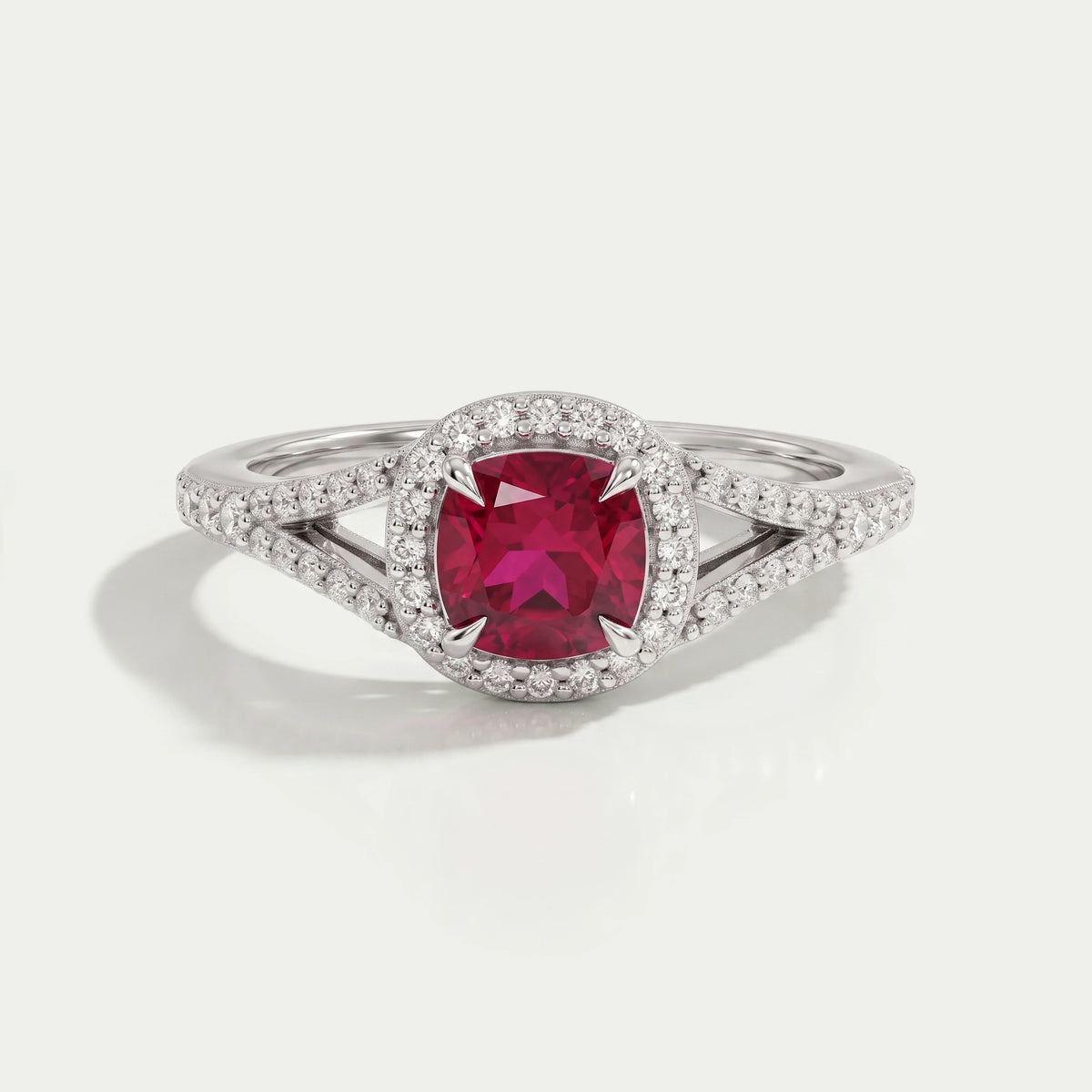 Cushion Cut Red Ruby Split Shank Halo Engagement Ring Ring