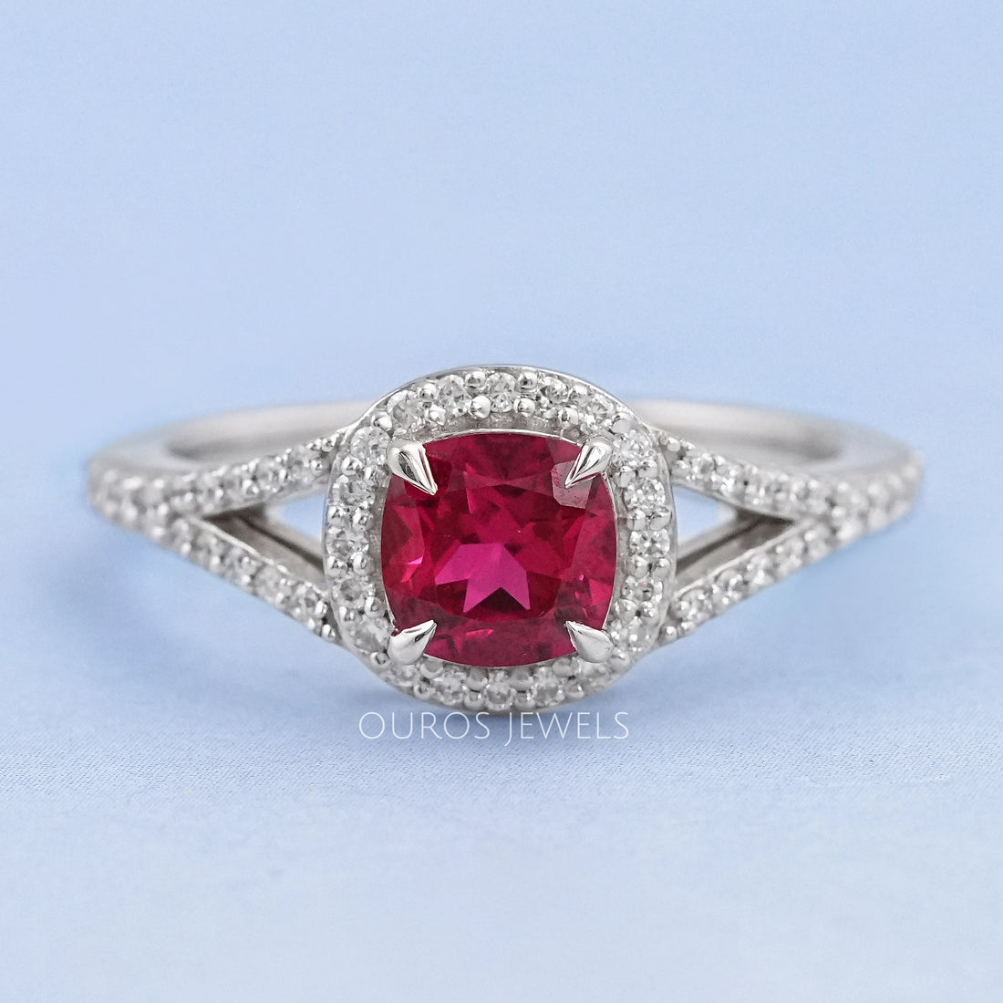 Cushion Cut Red Ruby Split Shank Halo Engagement Ring Ring
