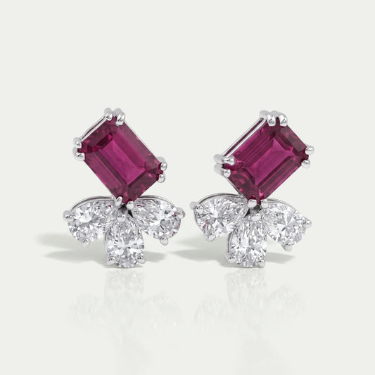 Ruby Emerald Gemstone And Pear Diamond Earrings