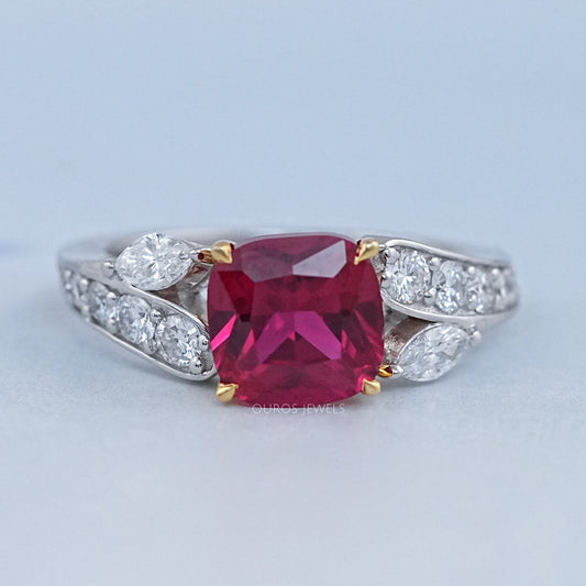 Ruby Cushion Gemstone And Lab Diamond Split Shank Ring Rings