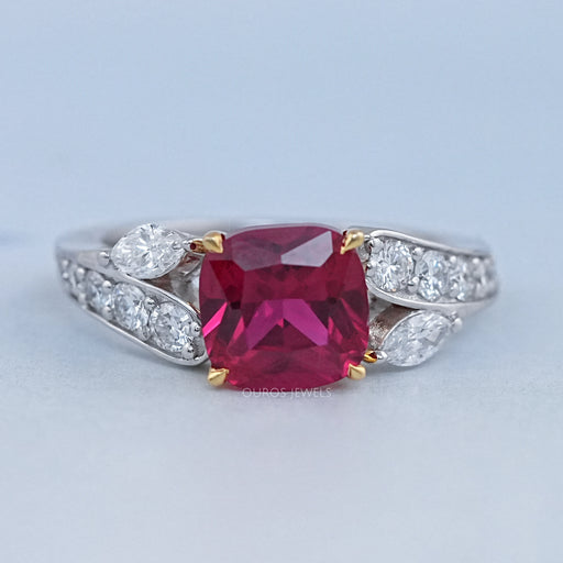 Ruby Cushion Gemstone And Lab Diamond Split Shank Ring Rings