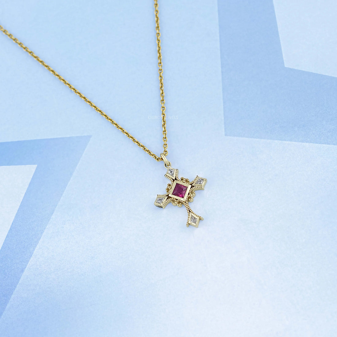 Ruby Princess Gemstone Criss Cross Pendant Necklaces