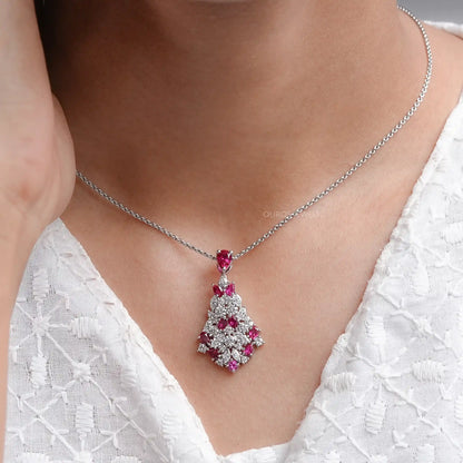 Cluster Diamond And Ruby Pendant Necklaces