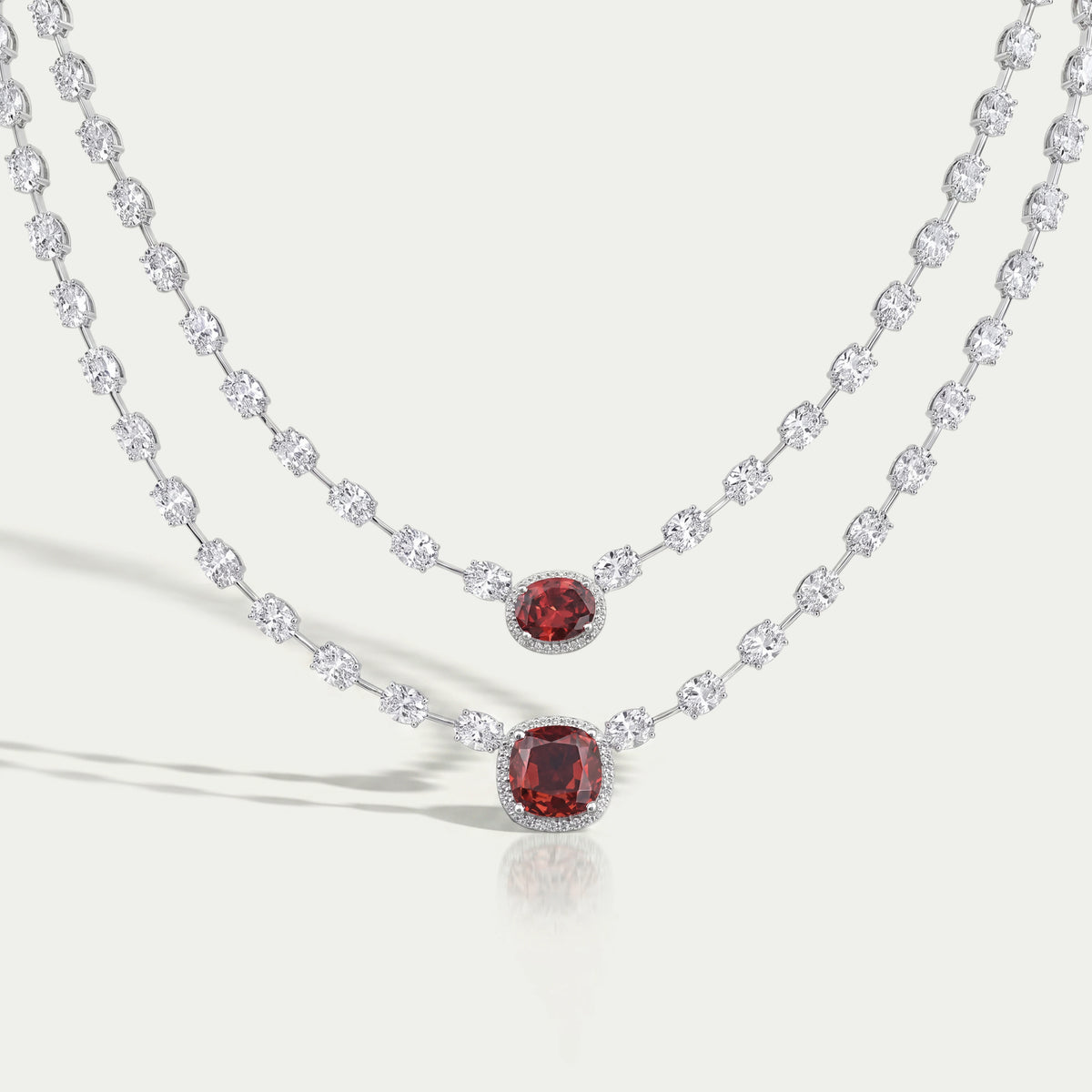 Double Layer Ruby Cushion And Oval Halo Tennis Necklace Necklaces