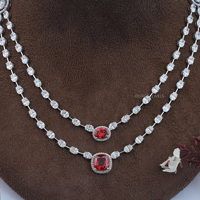 Double Layer Ruby Cushion And Oval Halo Tennis Necklace Necklaces