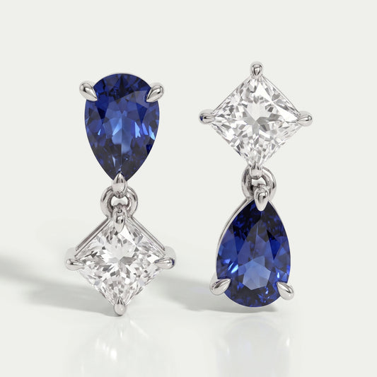 Pear Sapphire And Princess Diamond Two Stone Earrings
