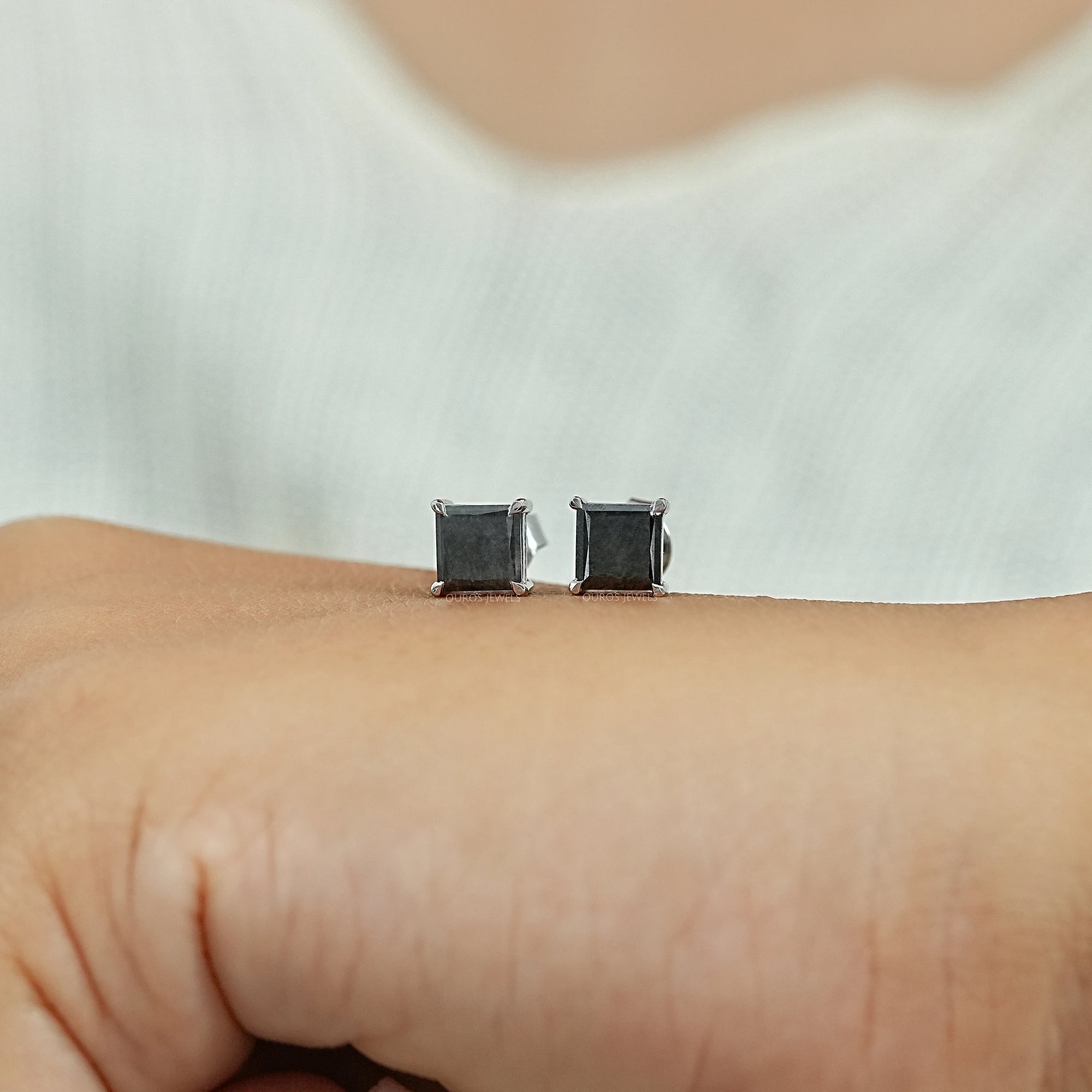 Salt Pepper Princess Cut Stud Earrings