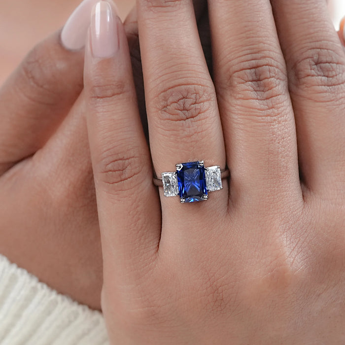 Sapphire Radiant And Lab Diamond Three Stone Ring