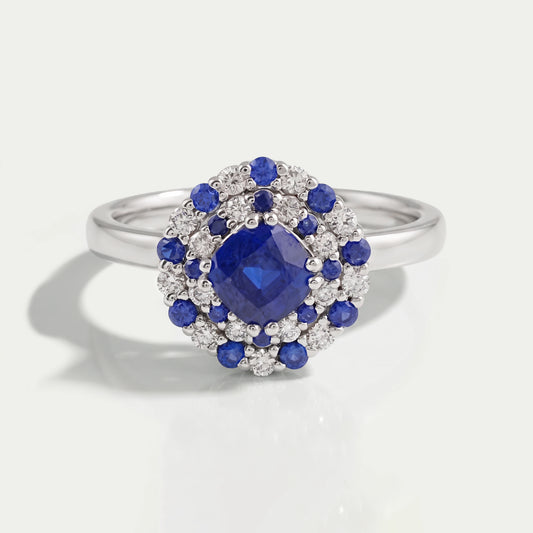 Cushion Sapphire Double Halo Engagement Ring