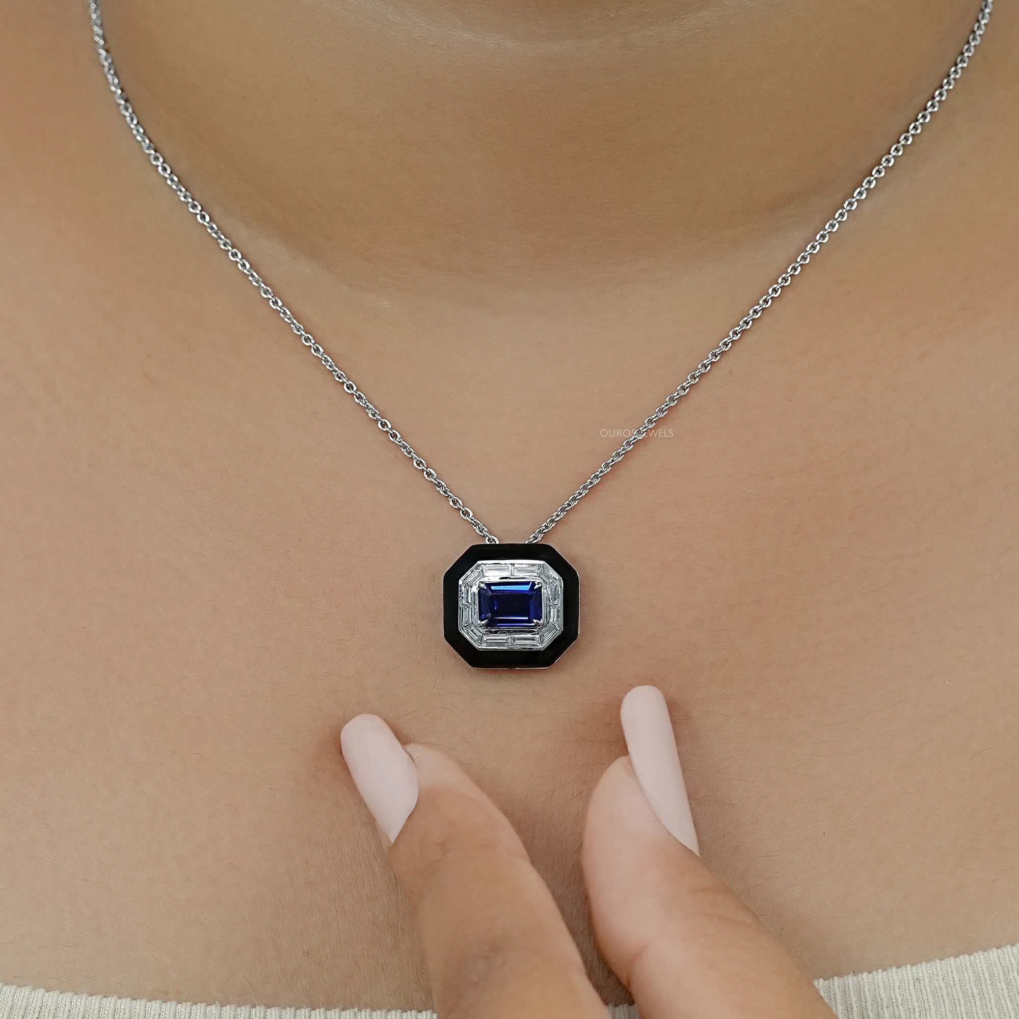 Enamel And Sapphire Gemstone Halo Pendant