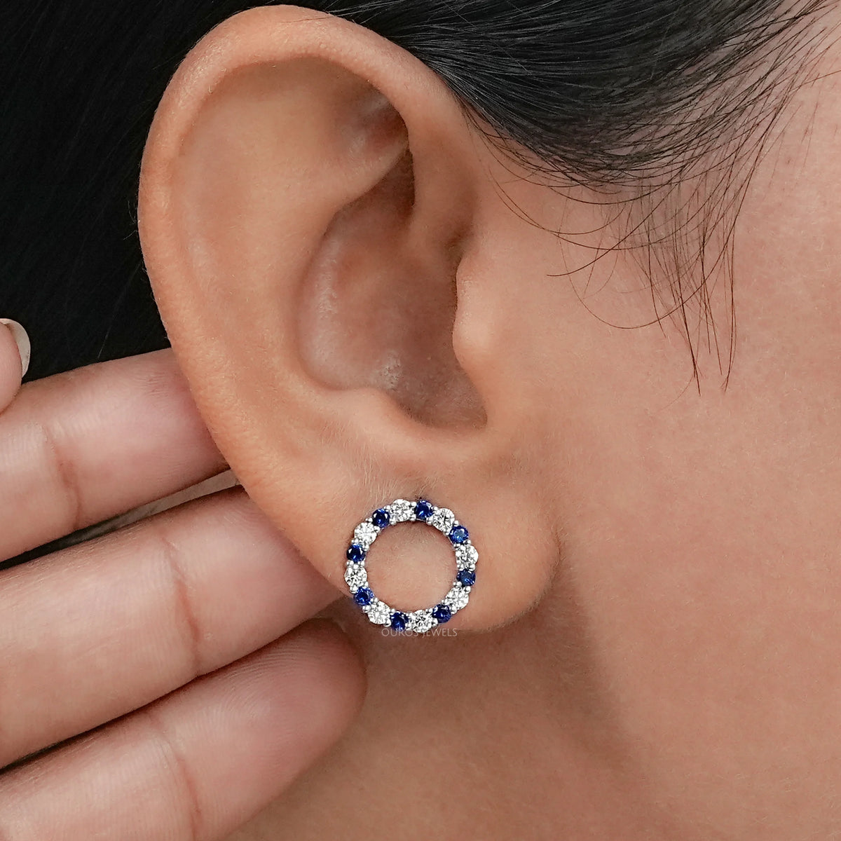 Blue Sapphire Gemstone Circle Stud Earrings