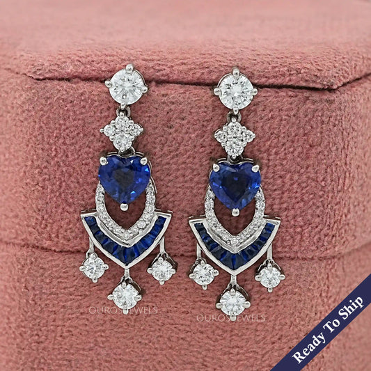 Sapphire Heart And Round Cut Cluster Drop Dangle Earrings Earrings