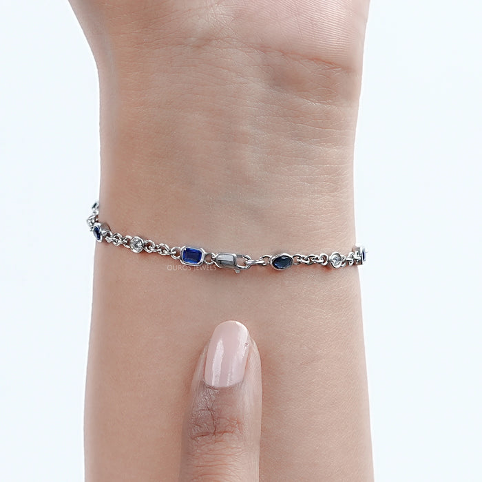 Sapphire Emerald And Oval Gemstone Bezel Set Chain Bracelet