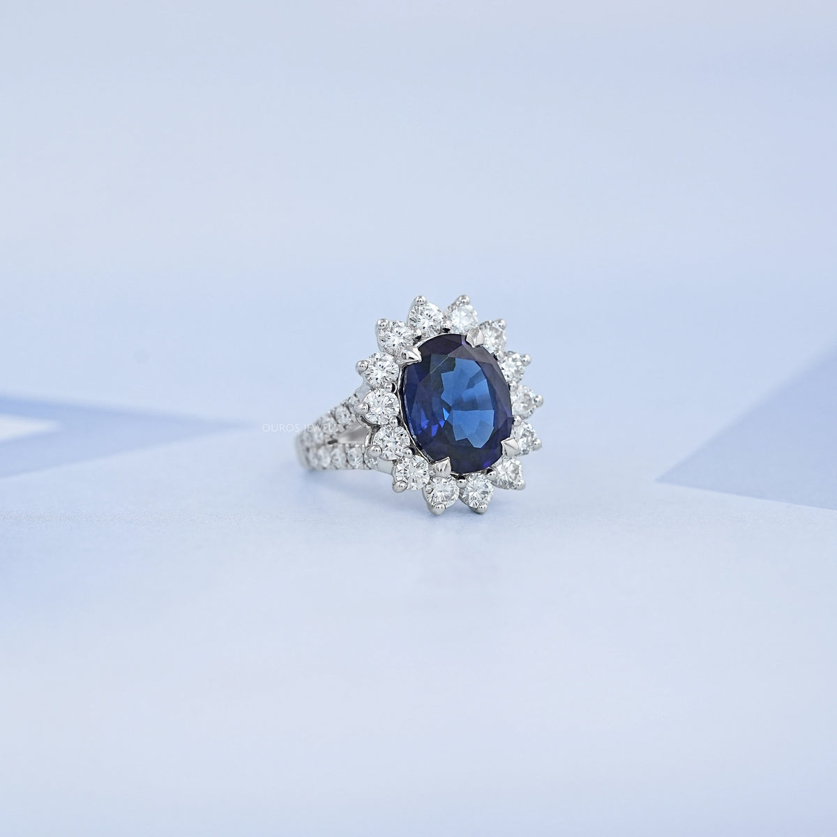 Sapphire Oval Gemstone Halo Split Shank Engagement Ring Rings