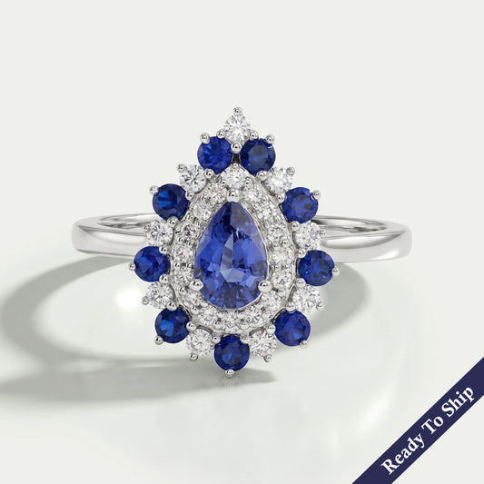 Sapphire Pear And Double Halo Engagement Ring