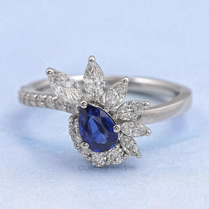 Pear Cut Blue Sapphire Cluster Bypass Engagement Ring Ring