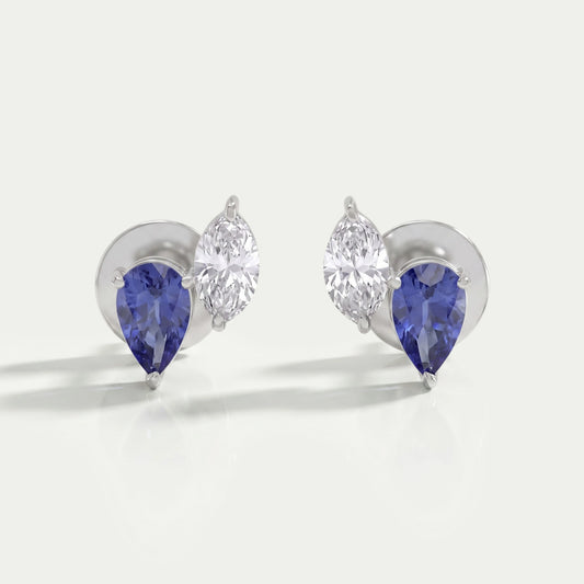 Zwei-Stein-Saphir-Ohrstecker mit Birnen- und Marquiseschliff-Diamanten