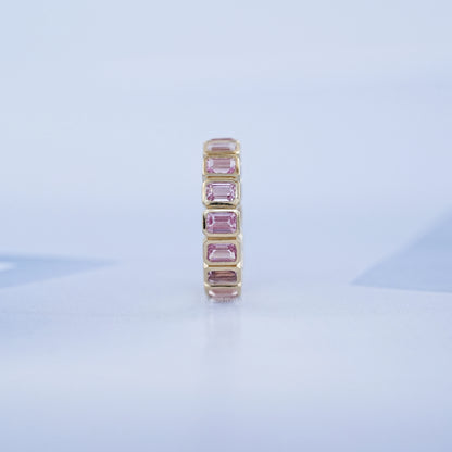 Sapphire Pink Emerald Cut Bezel Set Eternity Wedding Band Rings