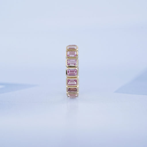Sapphire Pink Emerald Cut Bezel Set Eternity Wedding Band Rings