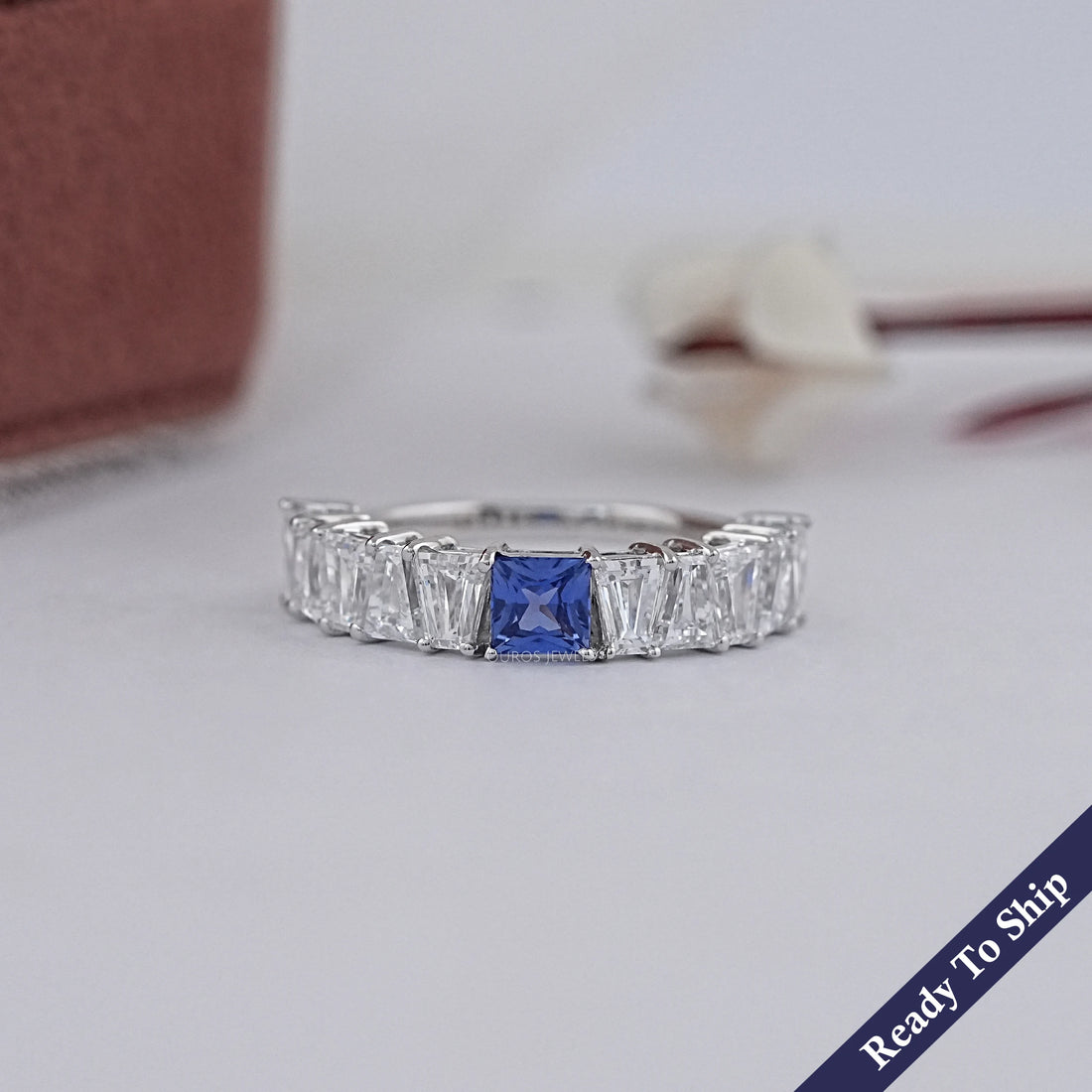 Sapphire Princess And Tapered Baguette Cut Half Eternity Band Rings