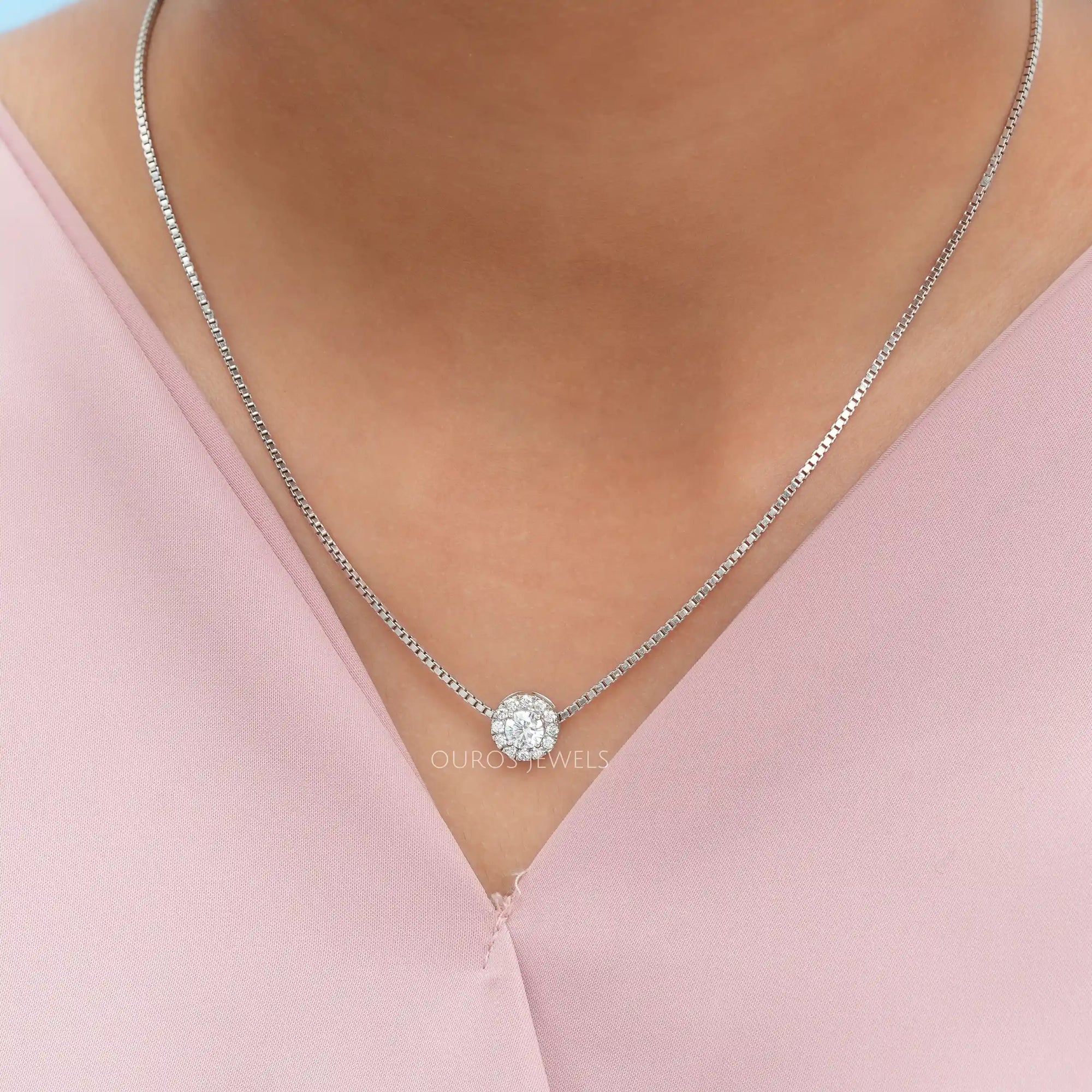 White Gold Halo Round Diamond Pendant Necklaces