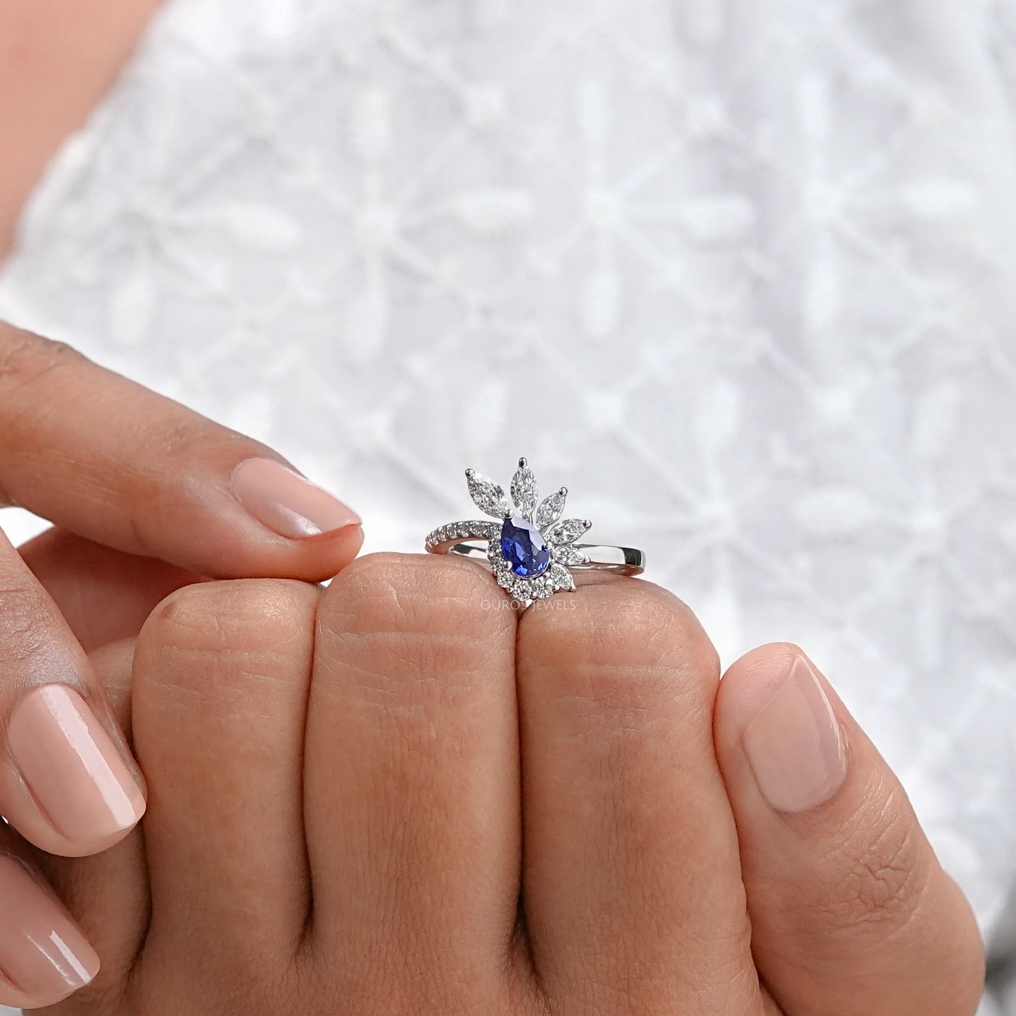 Pear Cut Blue Sapphire Cluster Bypass Engagement Ring Ring