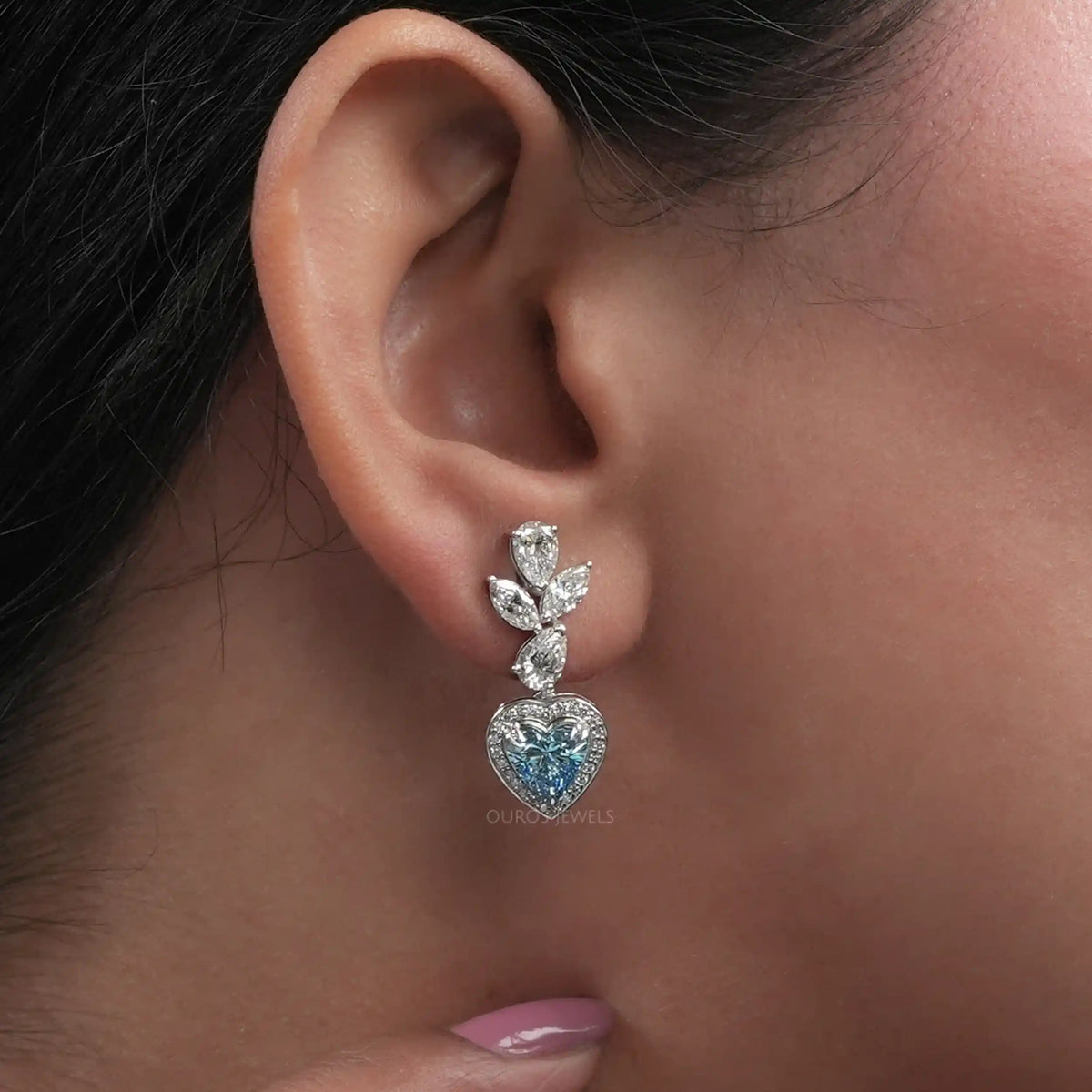 Blue Heart Halo Diamond Dangle Earrings Earrings