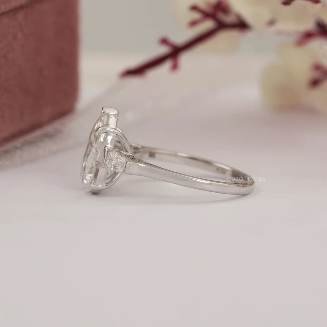Three Stone Pear Diamond Engagement Ring - With Tapered Baguettes Rings