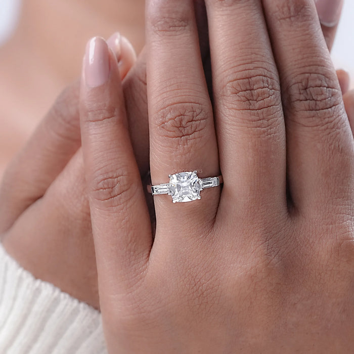 Square Old Mine Cushion Cut Lab Diamond Three Stone Ring Ring