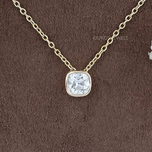 Square Old Mine Cushion Cut Bezel Solitaire Pendant Necklaces