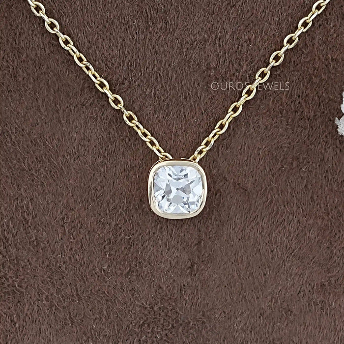 Square Old Mine Cushion Cut Bezel Solitaire Pendant Necklaces