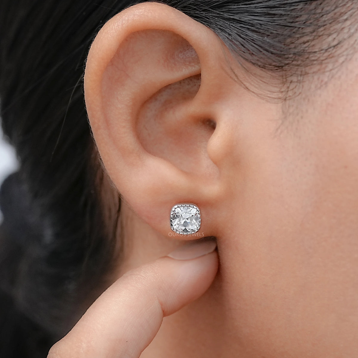 Square Old Mine Cushion Diamond Milgrain Stud Earrings Earrings