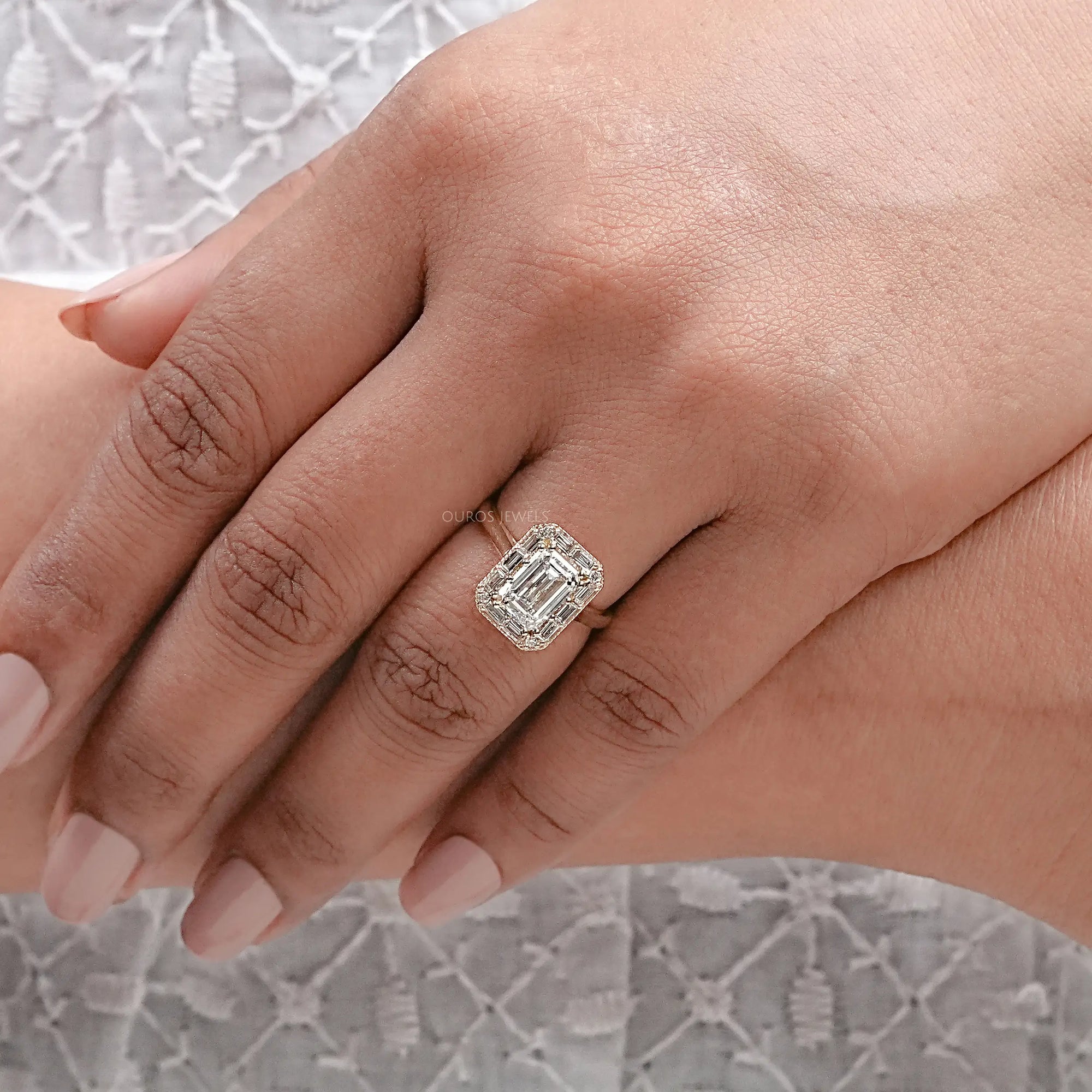 Emerald Diamond Engagement Ring - Baguette Halo Settings Rings