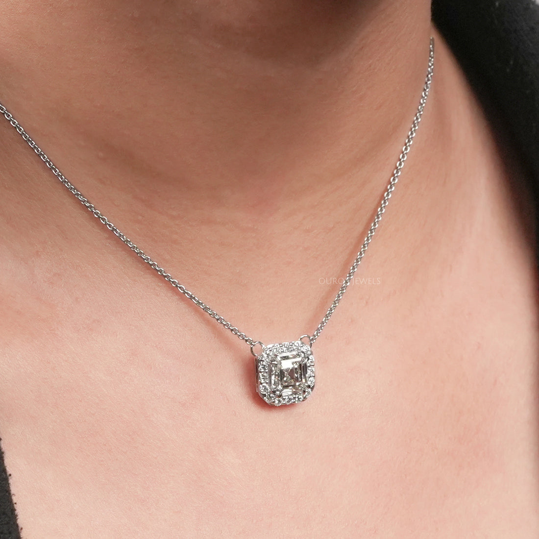 Asscher Cut Lab Diamond Halo Pendant Necklaces