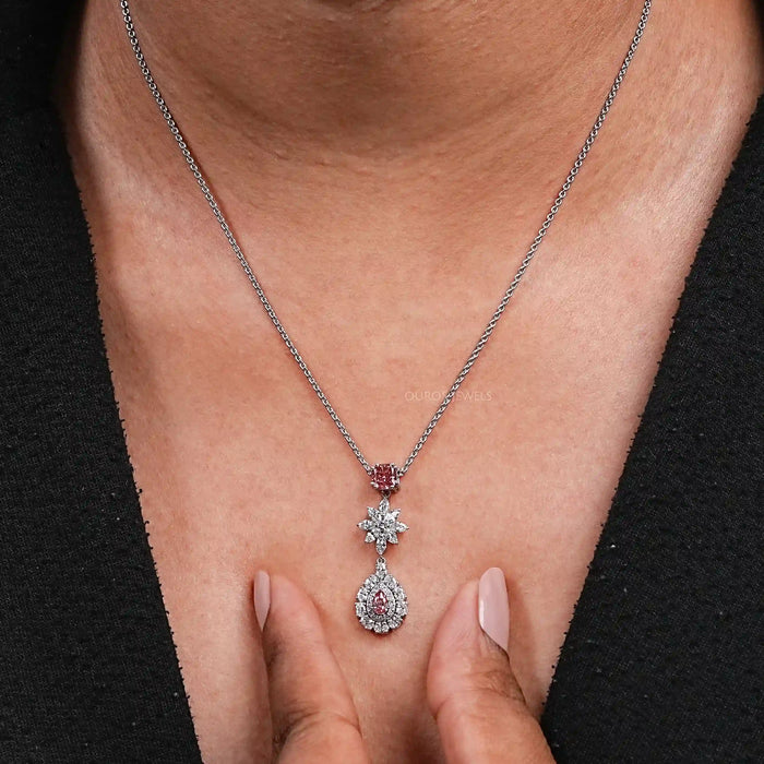 Pear Shape Double Halo Diamond Drop Pendant Necklace Necklaces